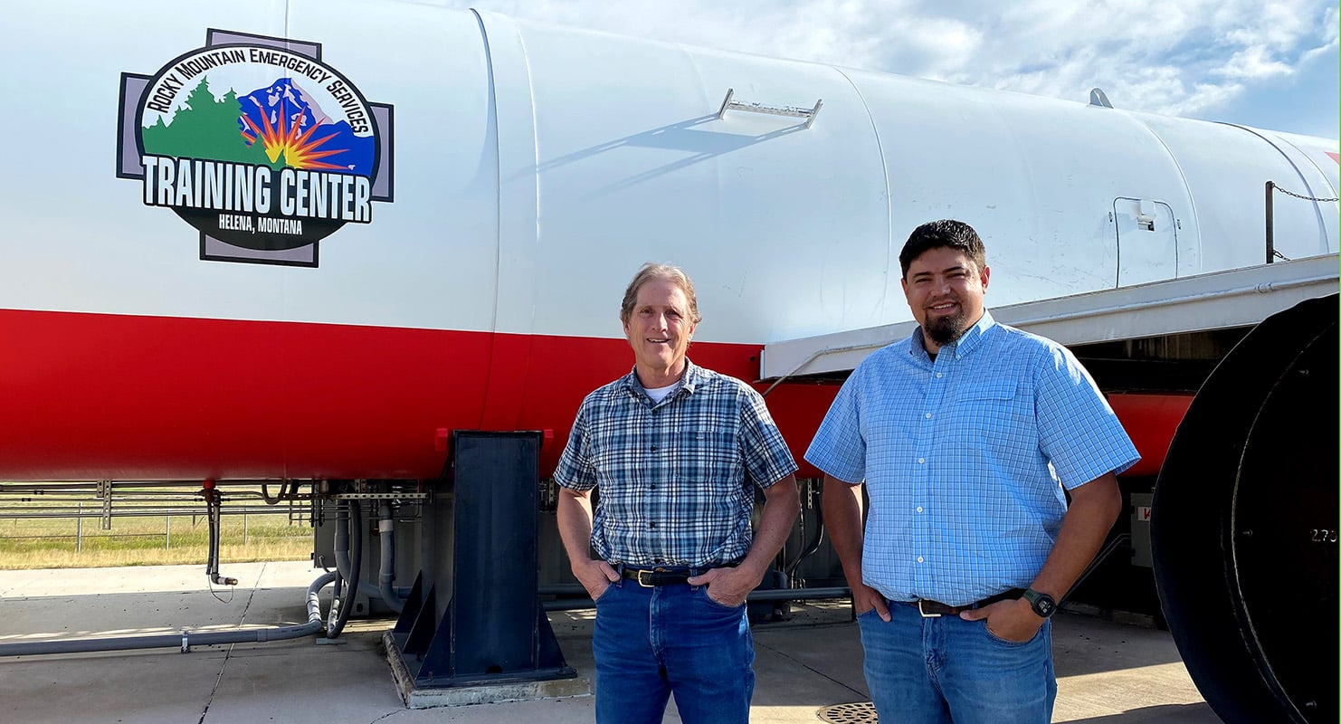 Tim Orthmeyer, left, and Nick Enblom at the Rocky Mountain Emergency Services Training Center in Helena, Montana, where they have worked to provide ARFF engineering services since the early 1990s.