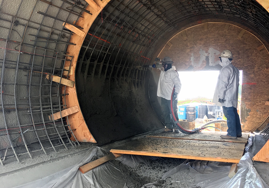 A shotcrete full-size mockup test during construction. 