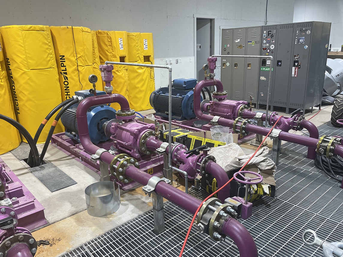 Large End-Suction pumps produce the high pressures needed for snowmaking, up to 700 psi in some cases.