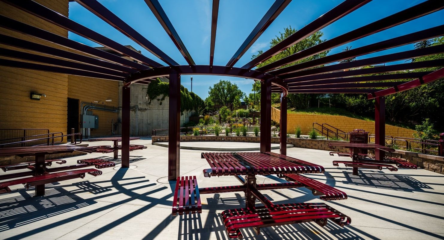 The picnic tables, benches, trash receptacles, and handrails all used the same durable material.