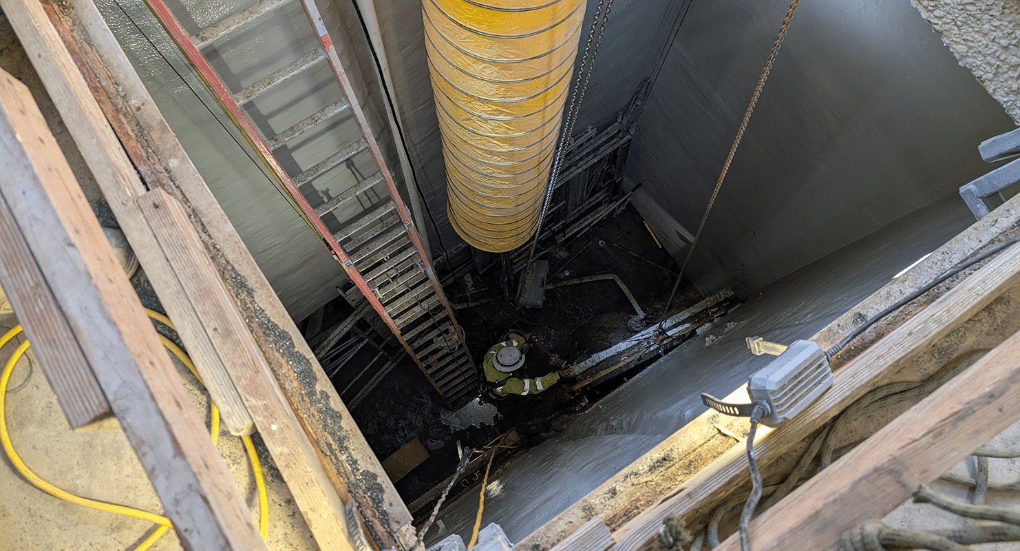 Work at this excessive depth, 20-plus-feet, in a confined space required atmospheric monitoring,
venting, retrieval equipment, and an entry permit to safeguard workers and inspectors. The
engineering team entered the influent channel to review existing conditions, observe concrete repairs, and inspect completed coating work.